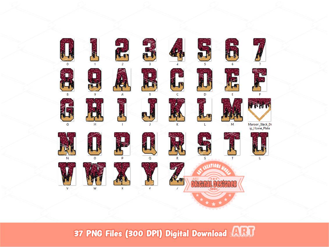 Maroon Black Drip Baseball Alphabet PNG Bundle, Drippy Sports Letters, Numbers & Home Plate Clipart