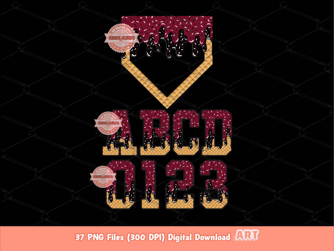 Maroon Black Drip Baseball Alphabet PNG Bundle, Drippy Sports Letters, Numbers & Home Plate Clipart
