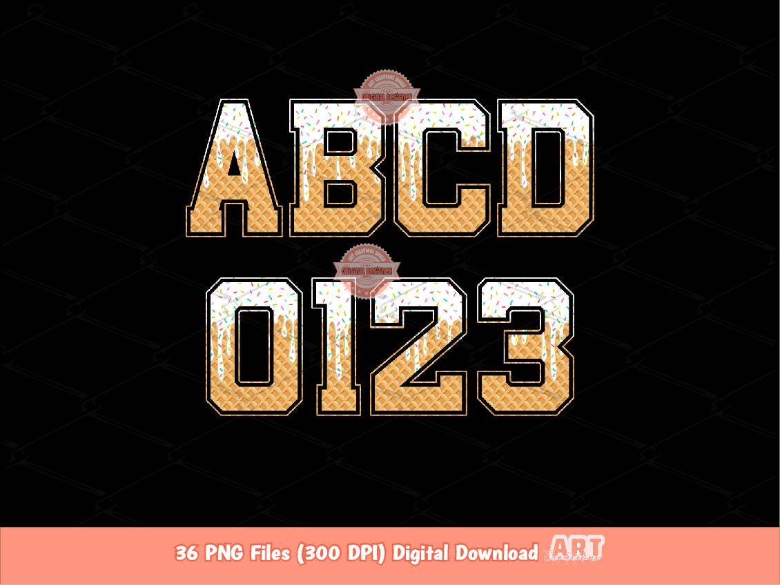 Drippy Vanilla Ice Cream Alphabet PNG, White Drip Varsity Letters and Numbers Clipart