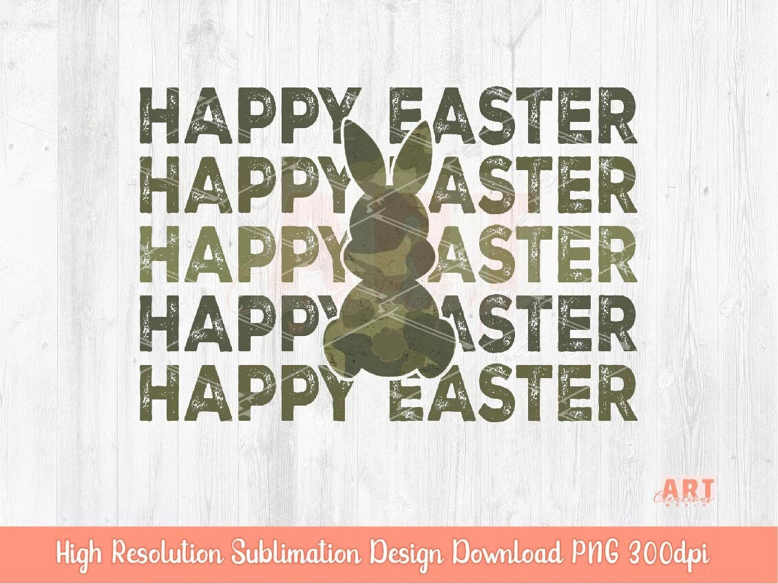 Camo Easter Bunny PNG, Happy Easter Distressed Military Sublimation Shirt Design (Digital Download)