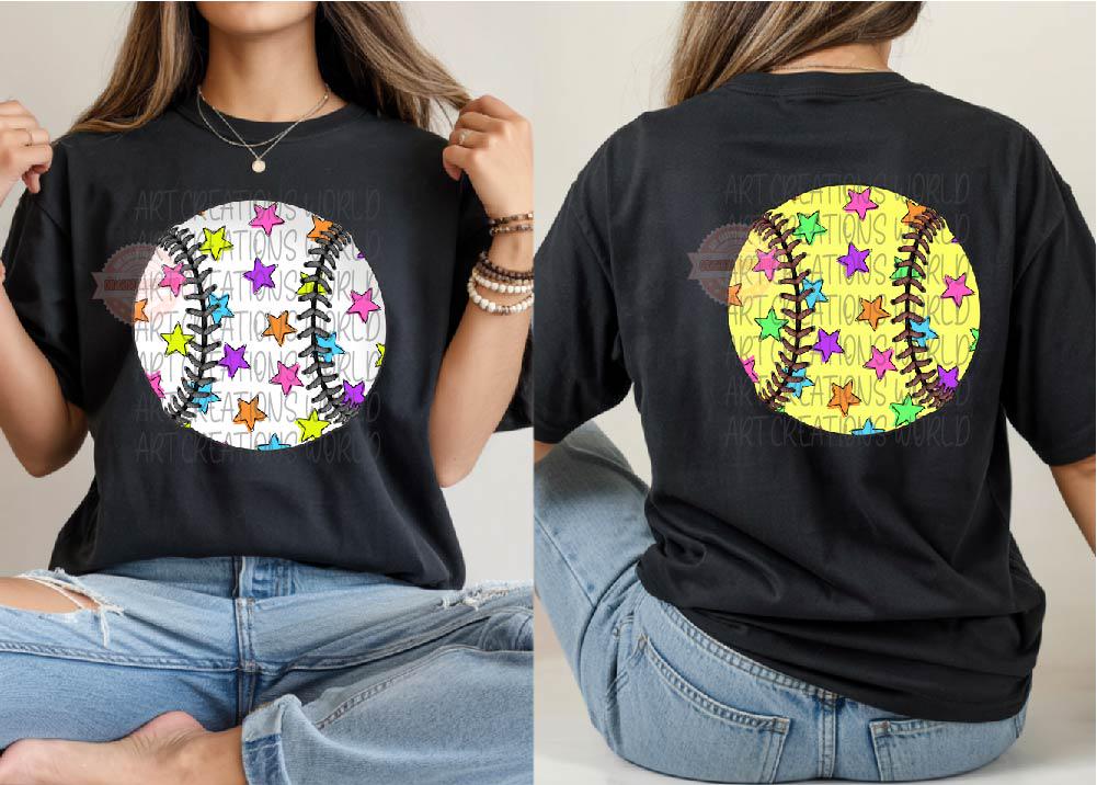 Colorful Star Baseball & Softball PNG, Retro Sports Mom Sublimation Design, Trendy Game Day Shirt