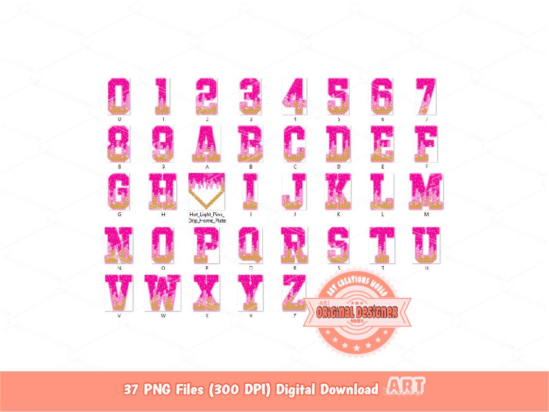 Pink Drip Baseball Alphabet PNG Bundle, Drippy Ice Cream Sports Letters, Numbers & Plate Clipart