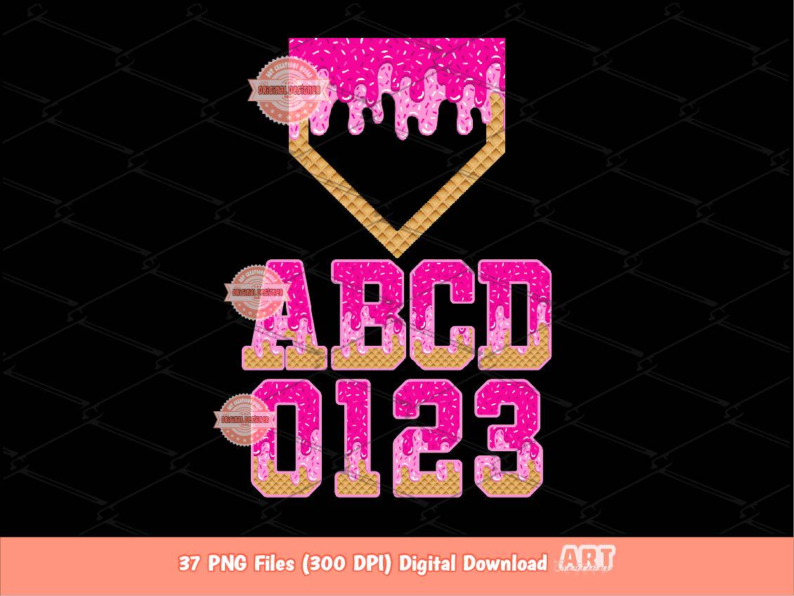 Pink Drip Baseball Alphabet PNG Bundle, Drippy Ice Cream Sports Letters, Numbers & Plate Clipart