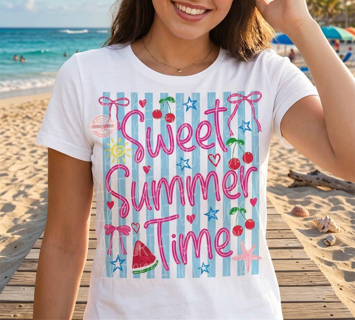 Sweet Summer Time PNG, Striped Summer Sublimation Design, Preppy Beach Vacation Shirt File
