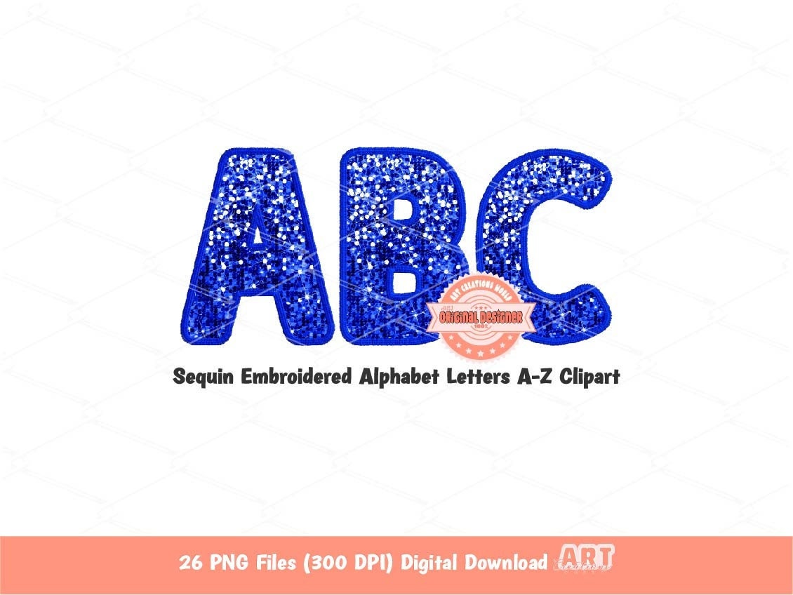 Blue Sequin Alphabet PNG, Faux Yarn Glitter Embroidery Letters Clipart