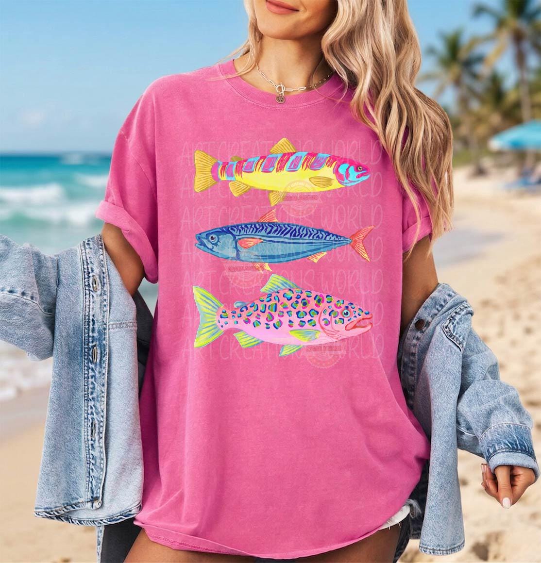 Preppy Fish PNG, Colorful Leopard Bass Coastal Beach Sublimation Design, Neon Fishing Shirt Png