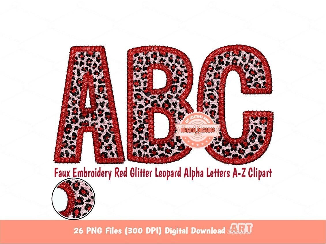 Red Glitter Leopard Alphabet PNG, Faux Yarn Embroidery Letters Clipart