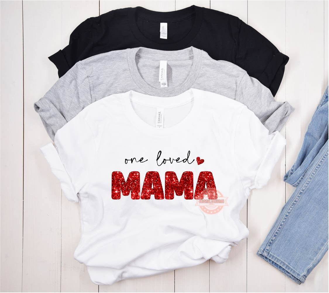 One Loved Mama Glitter PNG, Red Sequin Heart Mom Sublimation Shirt Design
