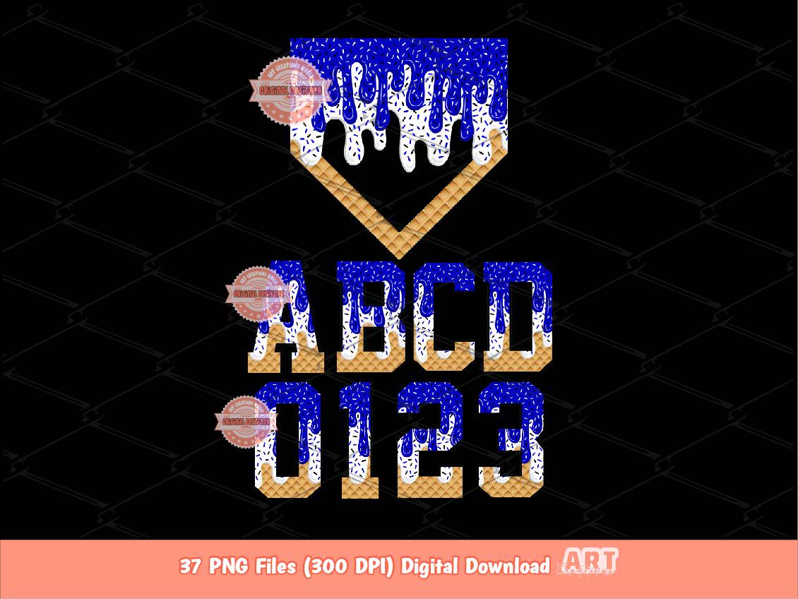 Royal Blue White Drip Alphabet PNG Bundle, Sports Letters, Numbers & Baseball Home Plate Clipart