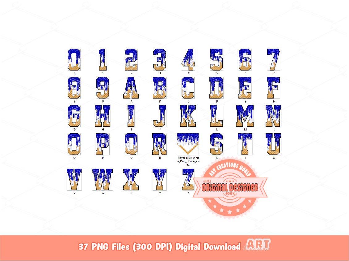 Royal Blue White Drip Alphabet PNG Bundle, Sports Letters, Numbers & Baseball Home Plate Clipart