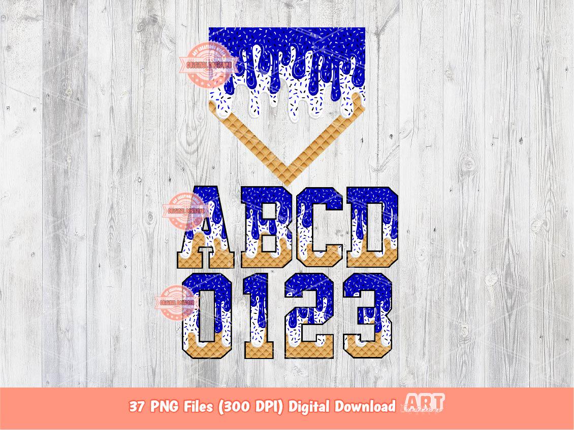 Royal Blue White Drip Alphabet PNG Bundle, Sports Letters, Numbers & Baseball Home Plate Clipart