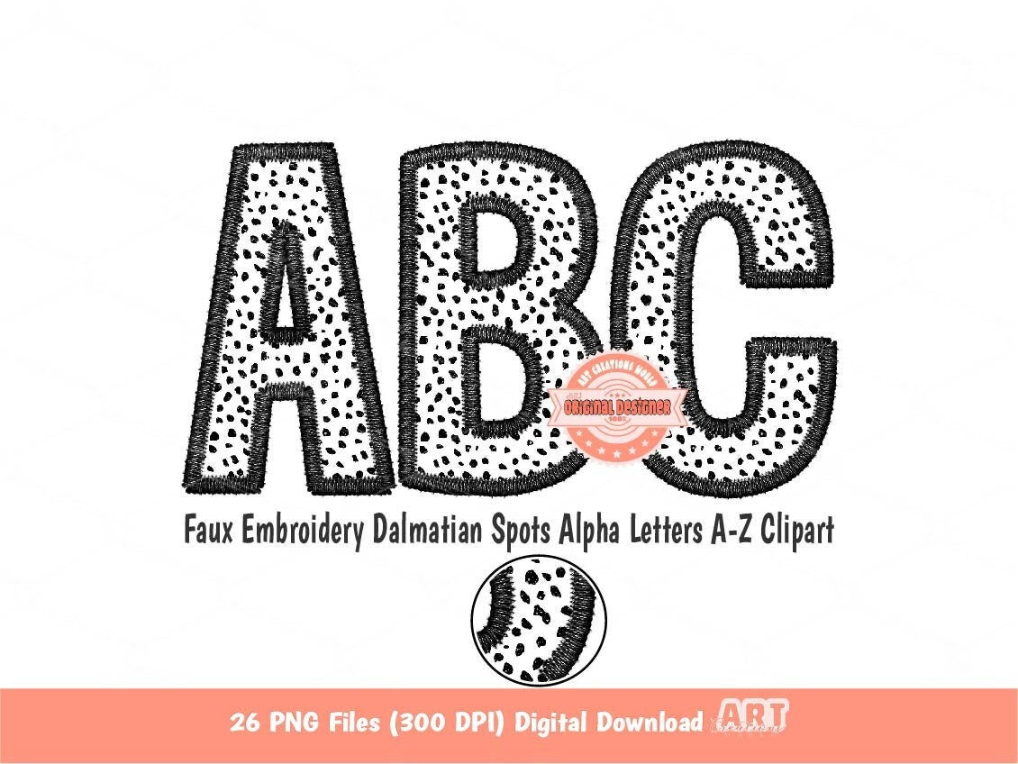 Dalmatian Letters PNG, Animal Print Faux Embroidery Alphabet Clipart
