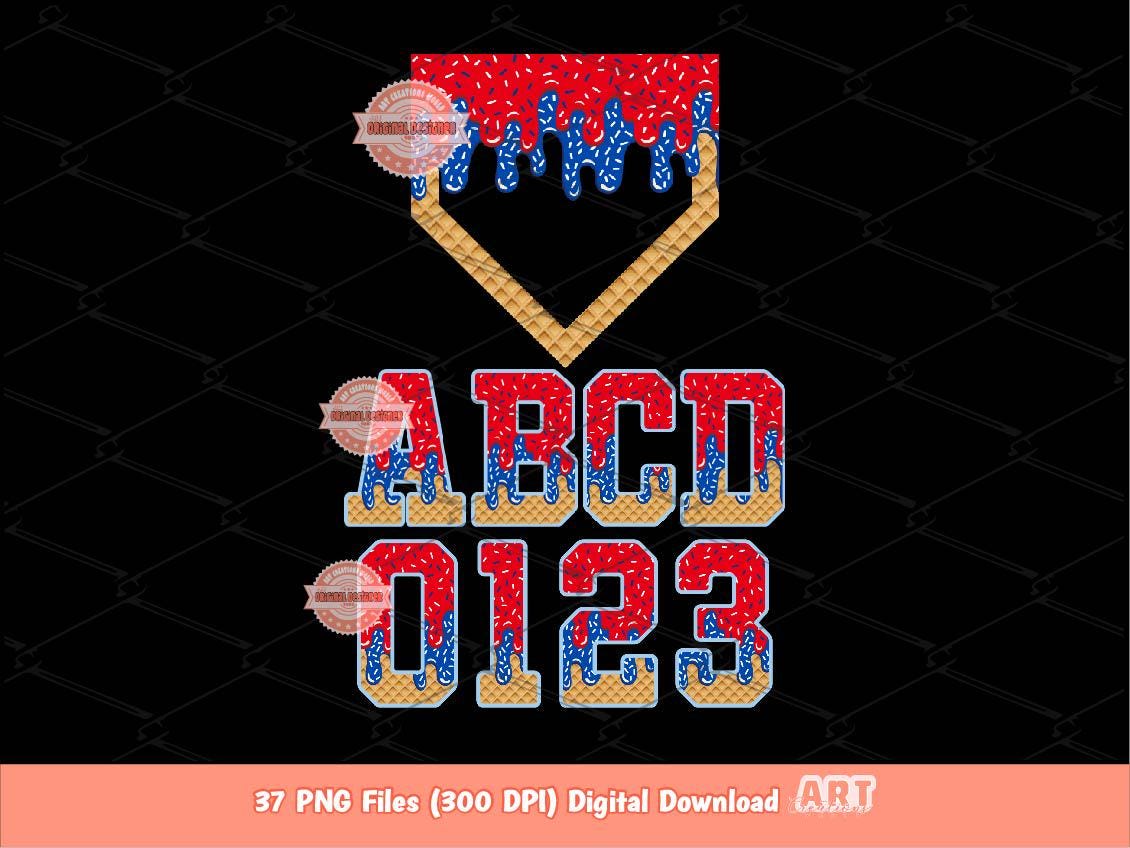 Red Blue Drip Baseball Alphabet PNG Bundle, Letters, Numbers & Home Plate Clipart