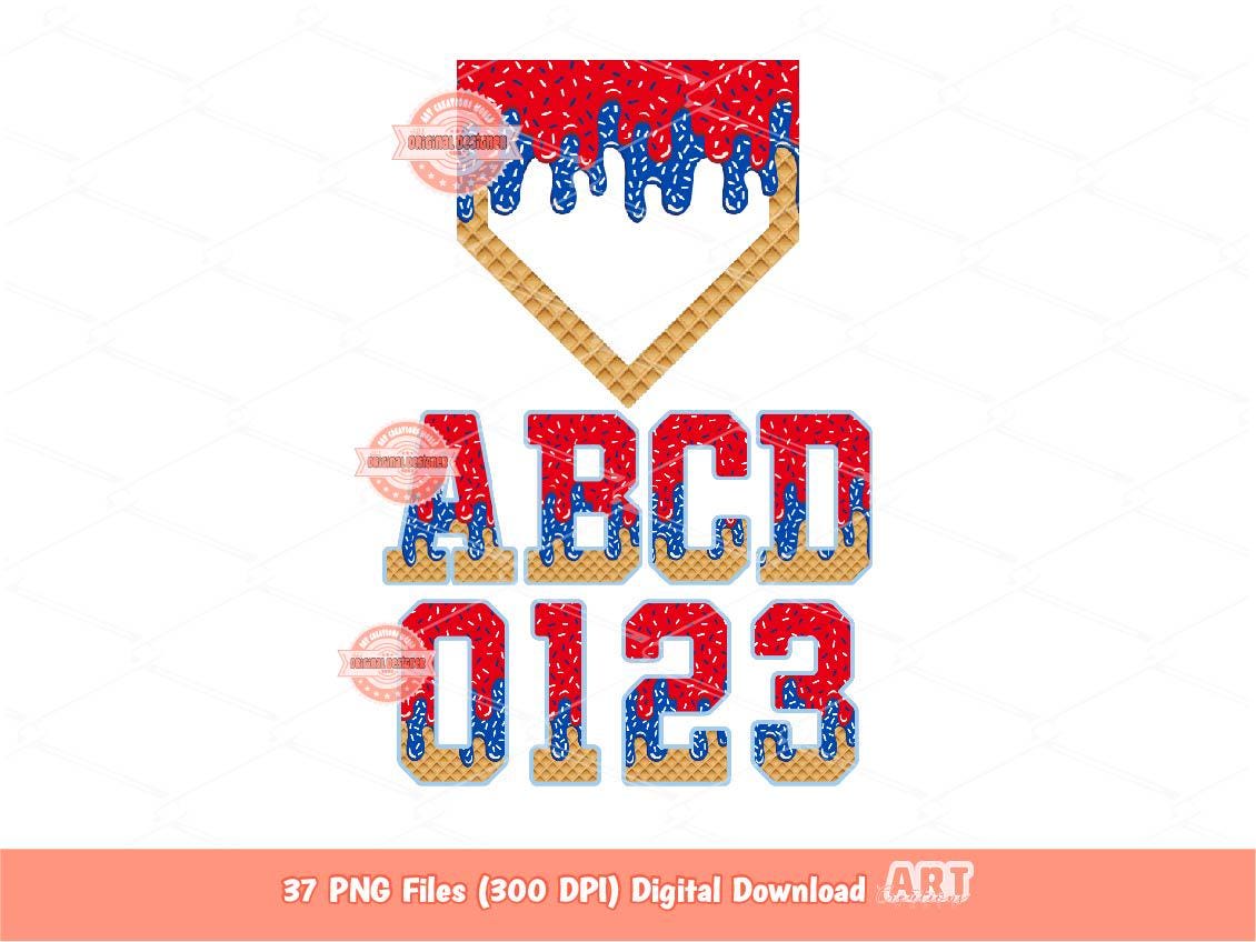 Red Blue Drip Baseball Alphabet PNG Bundle, Letters, Numbers & Home Plate Clipart