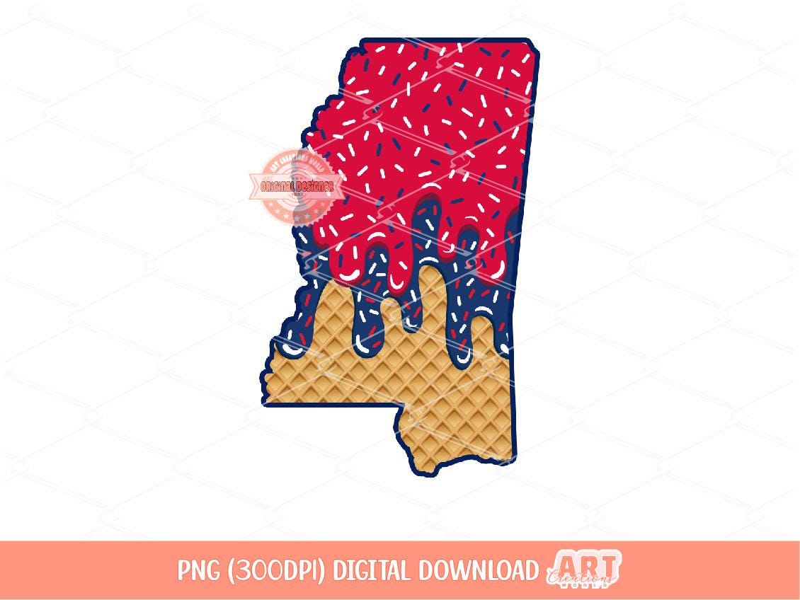 Drippy Mississippi PNG, Patriotic Red, Navy, & Waffle Cone MS State Sublimation shirt Design
