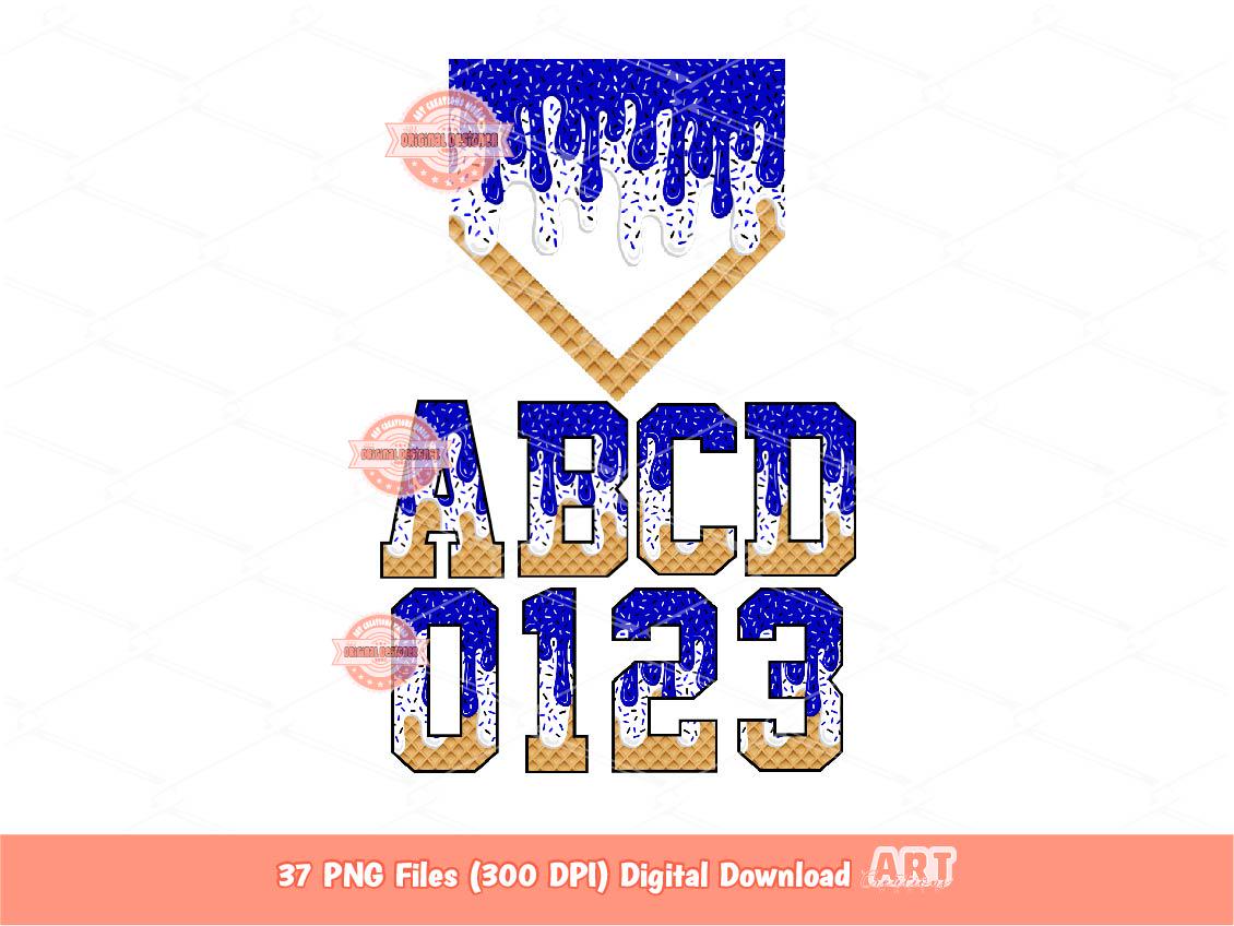 Royal Blue White Drip Alphabet PNG Bundle, Sports Letters, Numbers & Baseball Home Plate Clipart