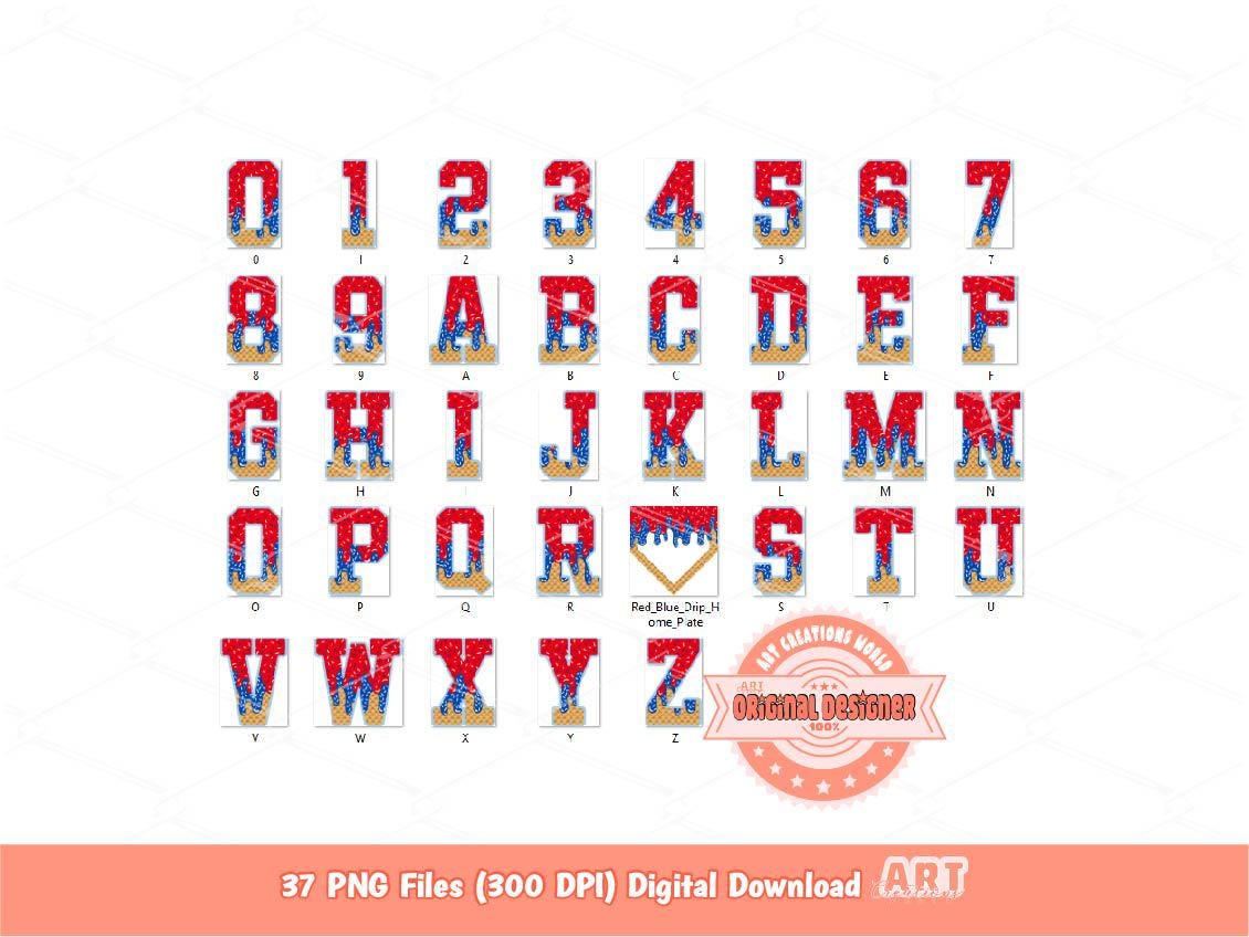 Red Blue Drip Baseball Alphabet PNG Bundle, Letters, Numbers & Home Plate Clipart