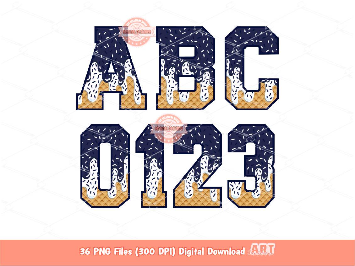 Navy White Drip Alphabet PNG, Drippy Navy Blue Ice Cream Varsity Letters & Numbers Clipart