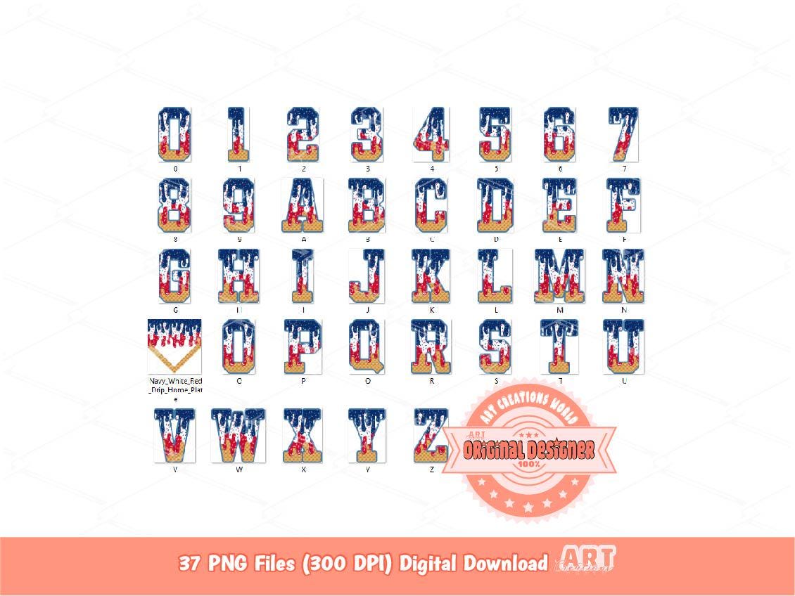 Patriotic Drip Baseball Alphabet PNG Bundle, Red White Blue 4th of July Letters, Numbers & Home Plate Clipart