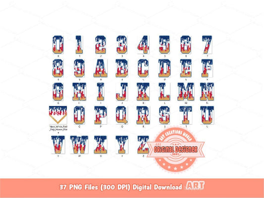 Patriotic Drip Baseball Alphabet PNG Bundle, Red White Blue 4th of July Letters, Numbers & Home Plate Clipart