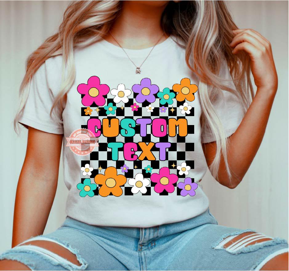Checkered Floral Frame PNG, Custom Groovy Text Sublimation Background