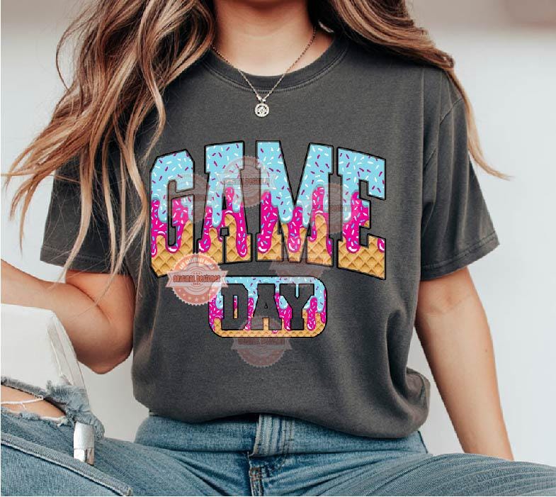 Ice Cream Game Day PNG, Trendy Pink Blue Drip Waffle Cone Varsity Sublimation Design