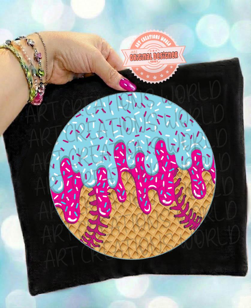 Drippy Baseball Ball PNG, Pink Blue Drip Ice Cream Baseball Clipart, Sports Cone Sublimation
