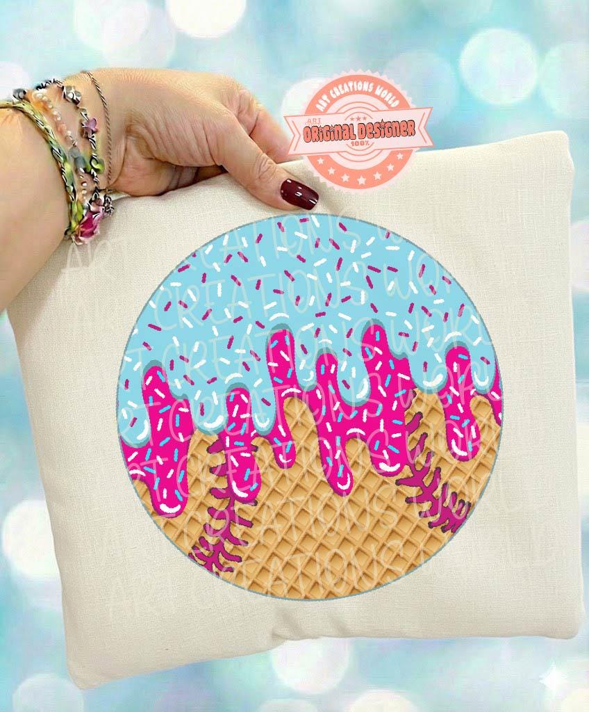 Drippy Baseball Ball PNG, Pink Blue Drip Ice Cream Baseball Clipart, Sports Cone Sublimation
