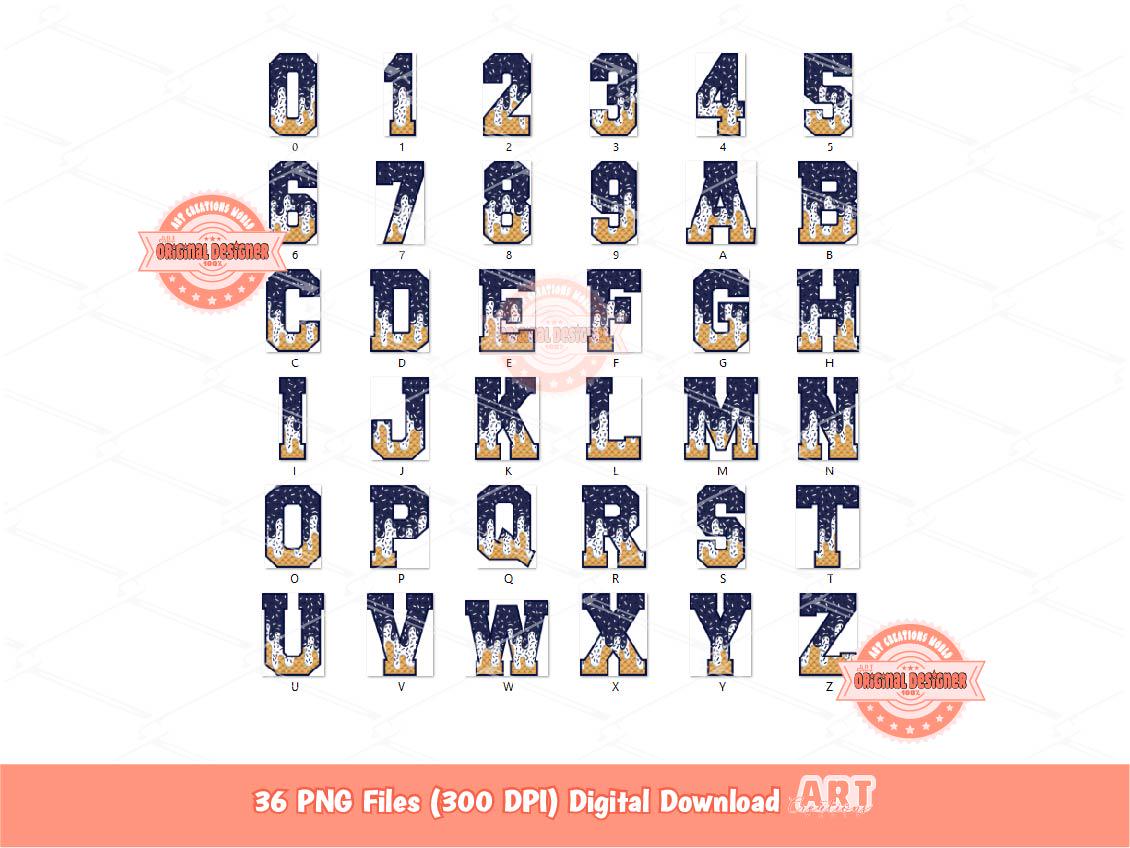 Navy White Drip Alphabet PNG, Drippy Navy Blue Ice Cream Varsity Letters & Numbers Clipart