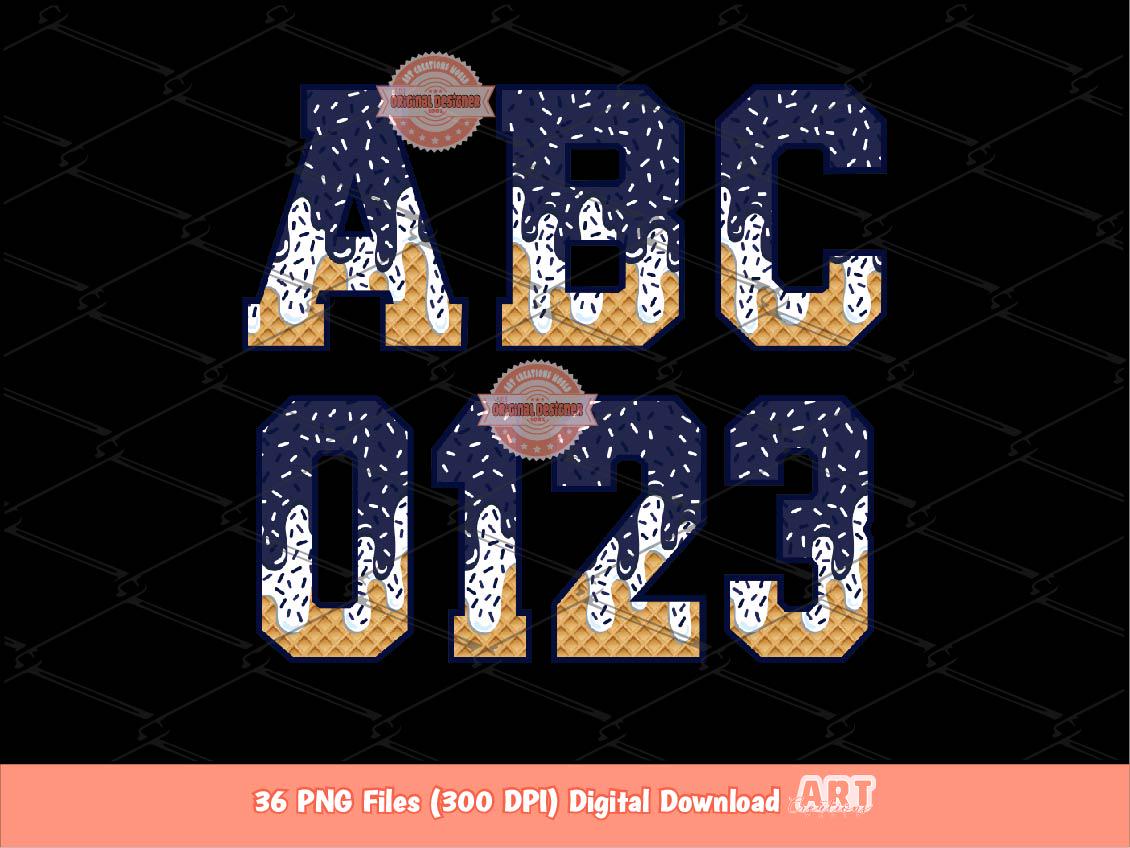 Navy White Drip Alphabet PNG, Drippy Navy Blue Ice Cream Varsity Letters & Numbers Clipart
