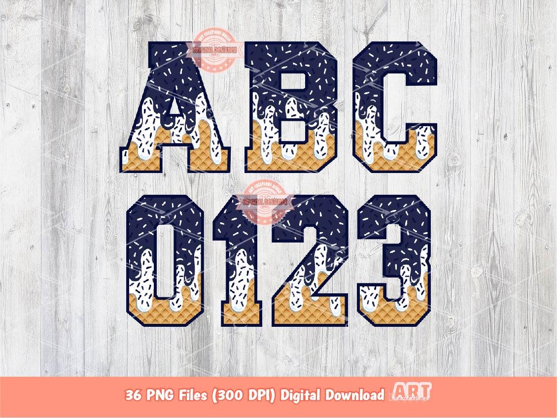 Navy White Drip Alphabet PNG, Drippy Navy Blue Ice Cream Varsity Letters & Numbers Clipart