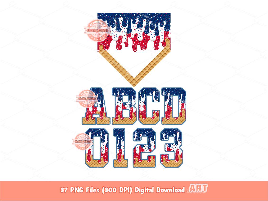 Patriotic Drip Baseball Alphabet PNG Bundle, Red White Blue 4th of July Letters, Numbers & Home Plate Clipart