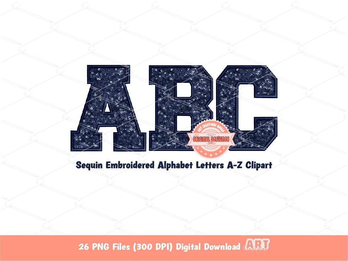 Navy Sequin Varsity Alphabet PNG, Faux Embroidery letters Clipart
