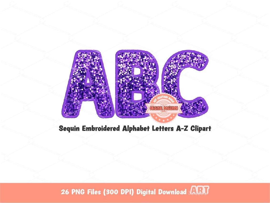Purple Sequin Letters PNG: Faux Embroidery Glitter Alphabet Clipart