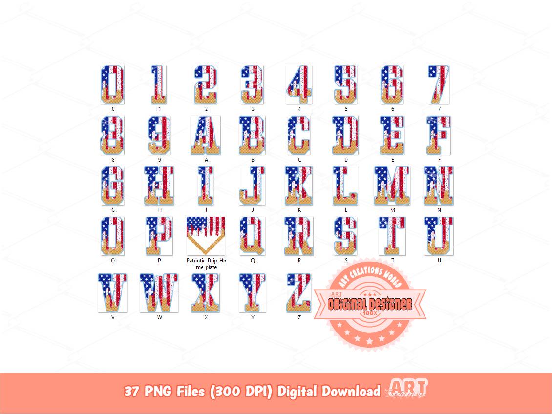 Patriotic Baseball Drip Alphabet PNG Bundle, 4th of July Letters USA Flag Numbers & Home Plate Clipart
