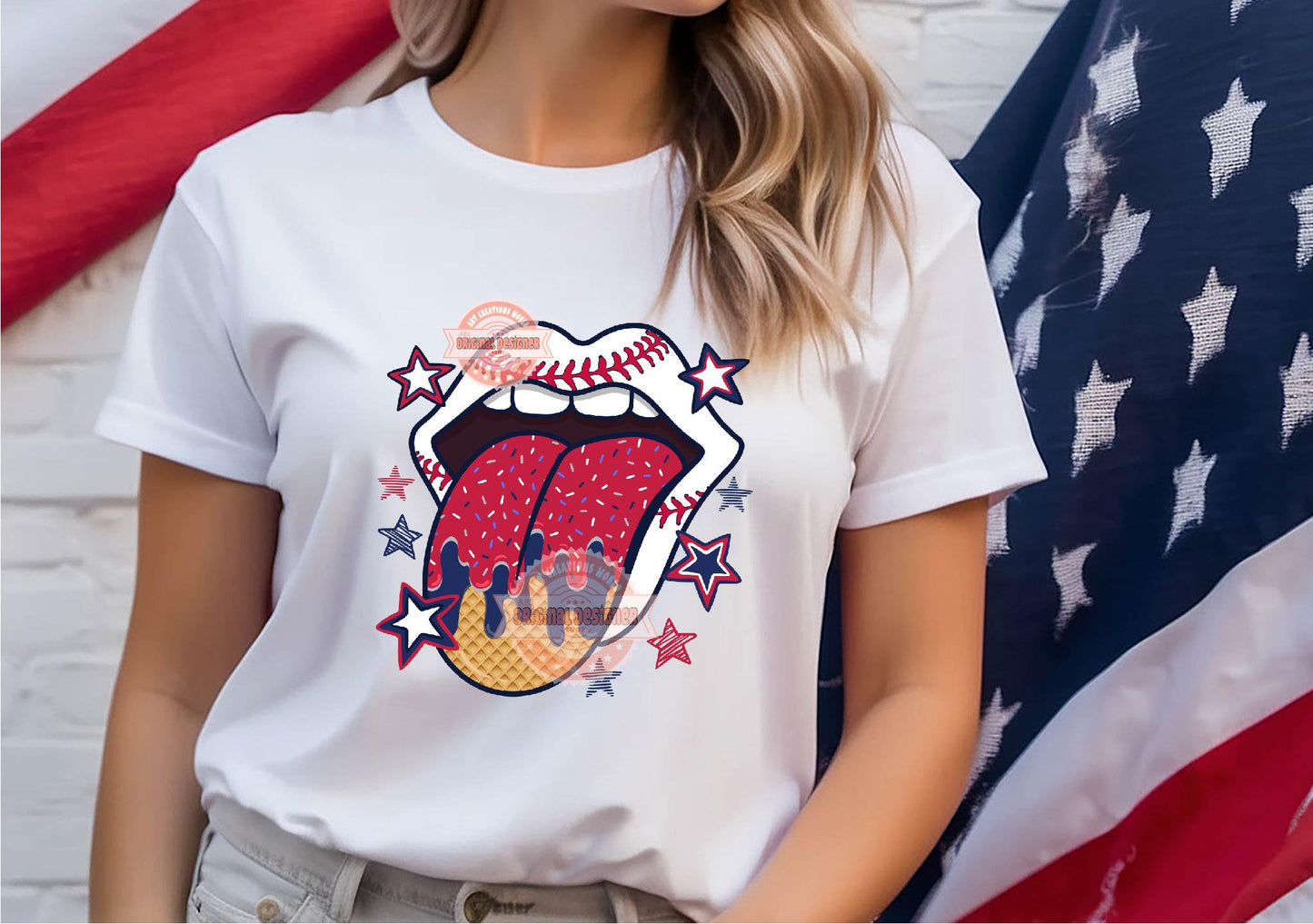 Patriotic Baseball Drip PNG, Red white Blue Tongue 4th of July Sublimation Shirt Design
