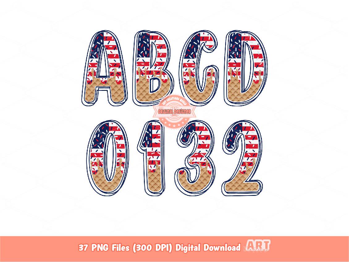 4th of July Drip Alphabet PNG, Red White Blue Patriotic Doodle Letters & Numbers Clipart