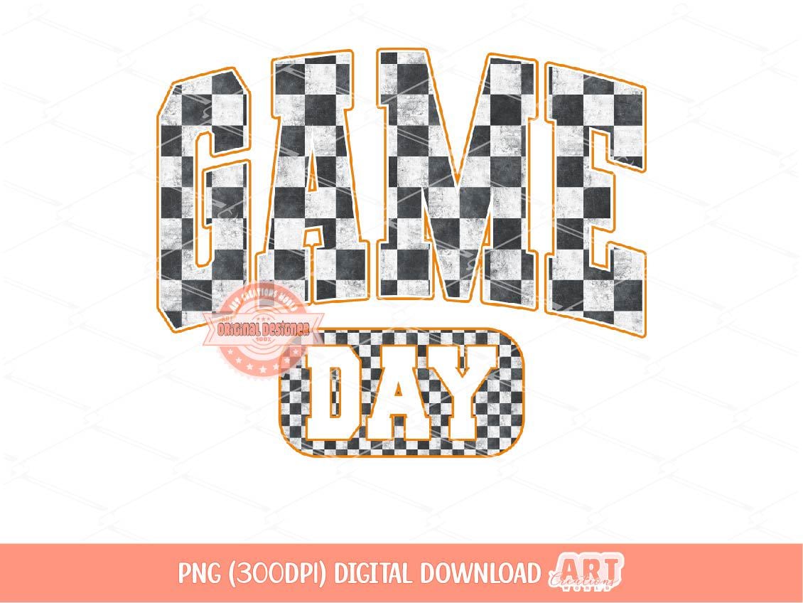 Checkered Game Day PNG, Distressed Orange and Black Checker Sublimation, Sports Shirt Design Download