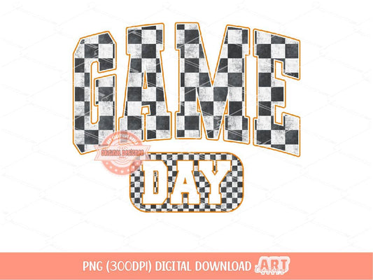 Checkered Game Day PNG, Distressed Orange and Black Checker Sublimation, Sports Shirt Design Download