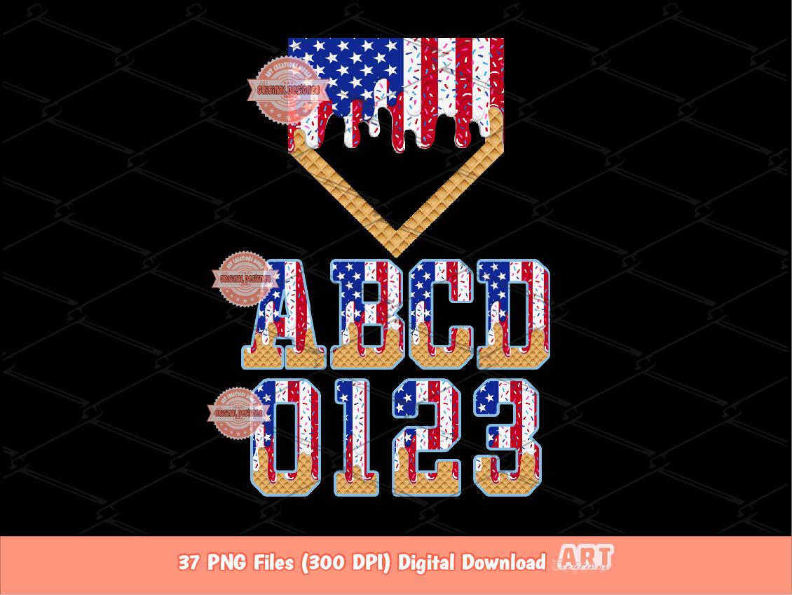 Patriotic Baseball Drip Alphabet PNG Bundle, 4th of July Letters USA Flag Numbers & Home Plate Clipart