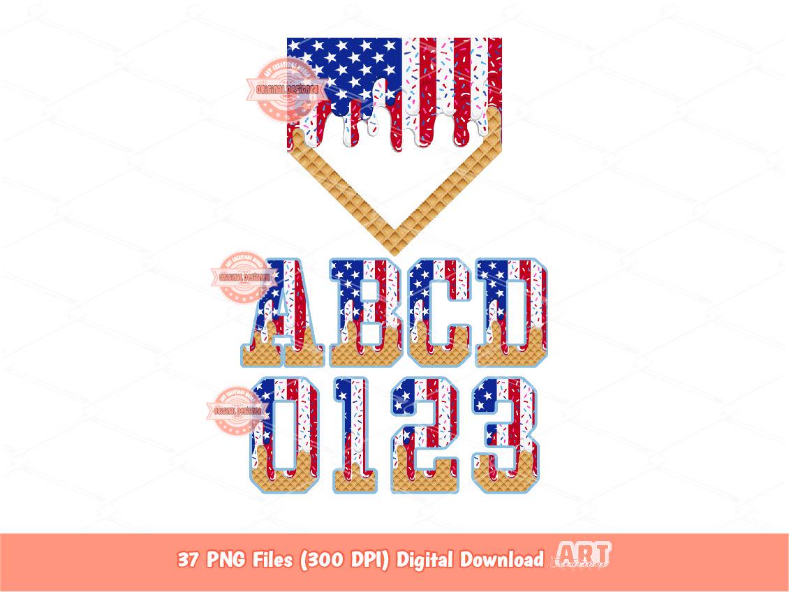 Patriotic Baseball Drip Alphabet PNG Bundle, 4th of July Letters USA Flag Numbers & Home Plate Clipart