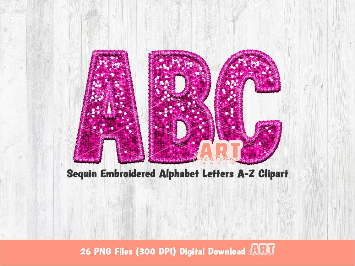 Pink Sequin Letters PNG, Faux Embroidered Hot Pink Glitter Sequins PNG Alphabet Set Clipart, Custom Team name Mascot colors Digital Download