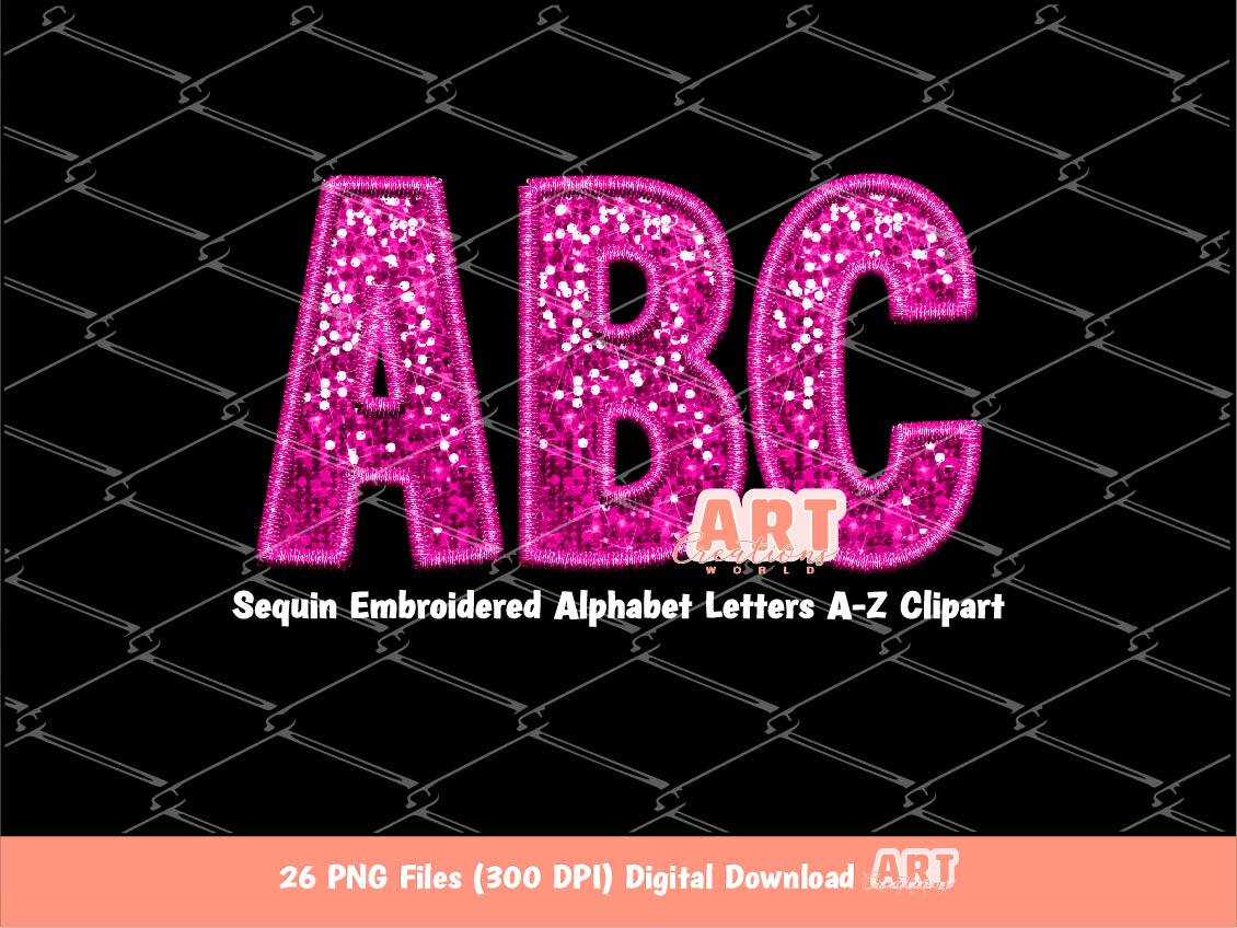 Pink Sequin Letters PNG, Faux Embroidered Hot Pink Glitter Sequins PNG Alphabet Set Clipart, Custom Team name Mascot colors Digital Download