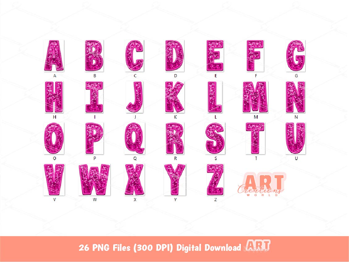 Pink Sequin Letters PNG, Faux Embroidered Hot Pink Glitter Sequins PNG Alphabet Set Clipart, Custom Team name Mascot colors Digital Download