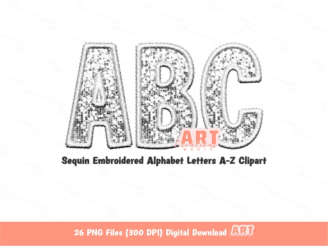White Sequin Letters PNG, Faux Embroidered White Silver Glitter Sequins PNG Alphabet Set Clipart, Custom alpha A-Z colors Digital Download