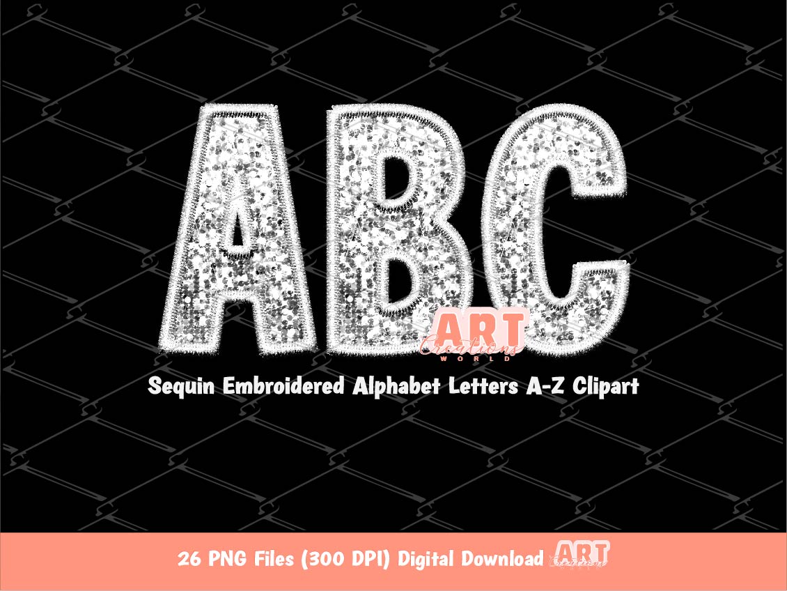 White Sequin Letters PNG, Faux Embroidered White Silver PNG