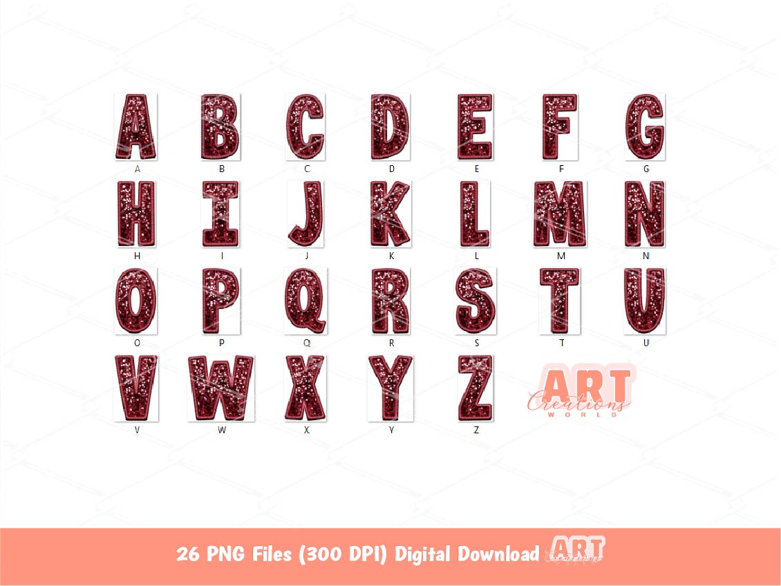 Maroon Sequin Letters PNG, Faux Embroidered Dark Red Burgundy Glitter Sequins PNG Alphabet Set Clipart, Custom alpha colors Digital Download