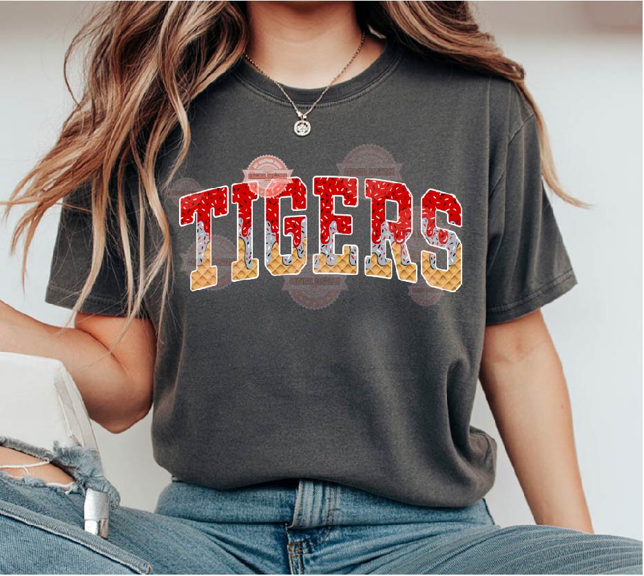 Tigers Red Silver Grey Drip PNG, Arched Varsity Drippy Ice cream waffle Cone Mascot Sublimation Shirt Design