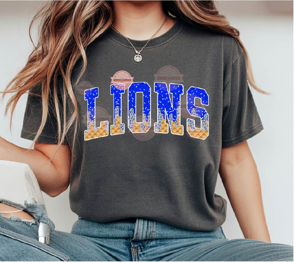 Lions Royal Blue Silver Grey Drip PNG, Arched Varsity Drippy Ice cream waffle Cone Mascot Sublimation Shirt Design
