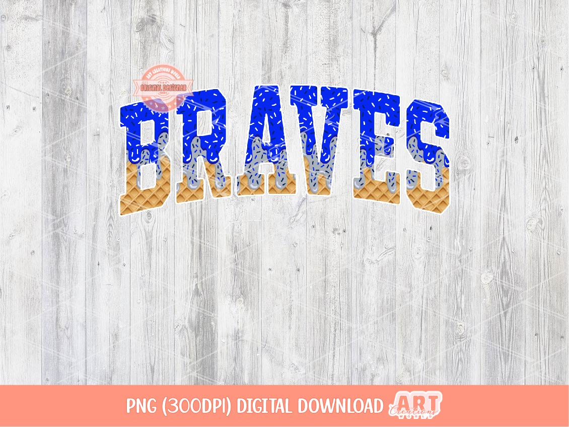 Braves Royal Blue Silver Grey Drip PNG, Arched Varsity Drippy Ice cream waffle Cone Mascot Sublimation Shirt Design